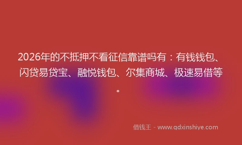 2026年的不抵押不看征信靠谱吗有:有钱钱包、闪贷易贷宝、融悦钱包、尔集商城、极速易借等。