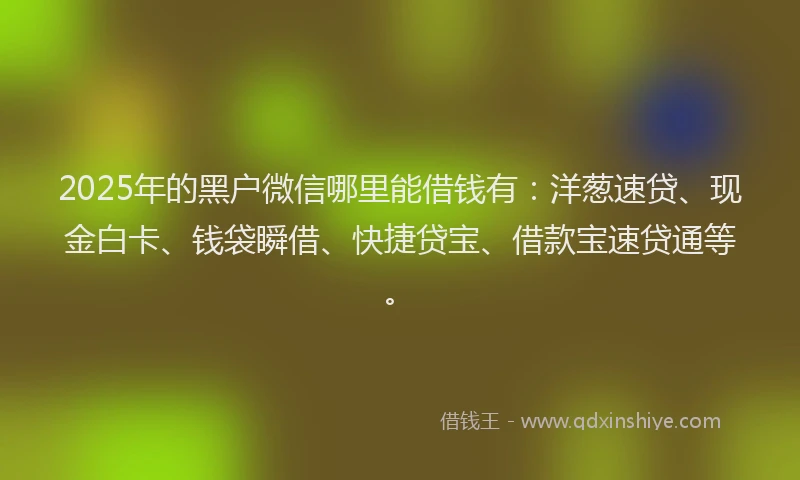2025年的黑户微信哪里能借钱有：洋葱速贷、现金白卡、钱袋瞬借、快捷贷宝、借款宝速贷通等。