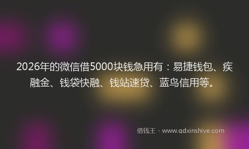 2026年的微信借5000块钱急用有:易捷钱包、疾融金、钱袋快融、钱站速贷、蓝鸟信用等。