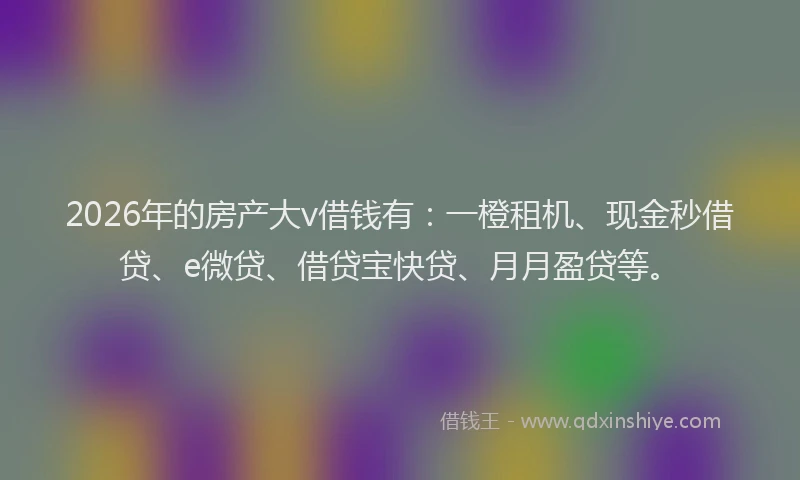 2026年的房产大v借钱有：一橙租机、现金秒借贷、e微贷、借贷宝快贷、月月盈贷等。