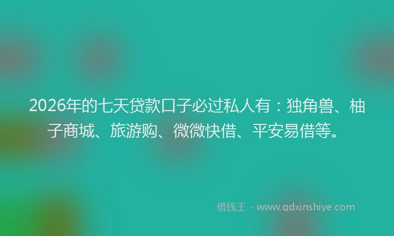 2026年的七天贷款口子必过私人有:独角兽、柚子商城、旅游购、微微快借、平安易借等。
