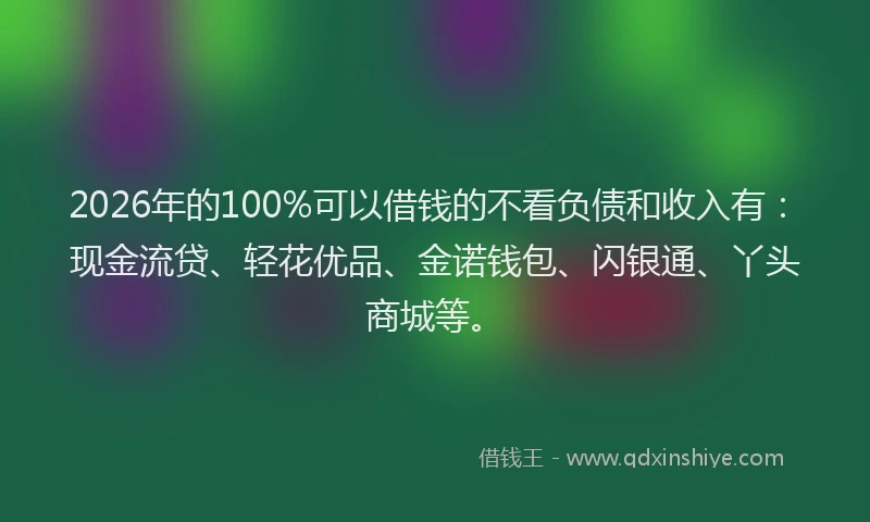 2026年的100%可以借钱的不看负债和收入有：现金流贷、轻花优品、金诺钱包、闪银通、丫头商城等。