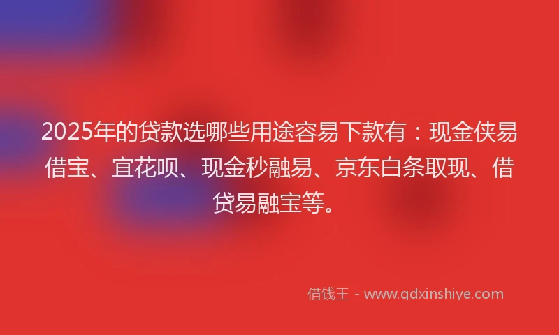 2025年的贷款选哪些用途容易下款有：现金侠易借宝、宜花呗、现金秒融易、京东白条取现、借贷易融宝等。