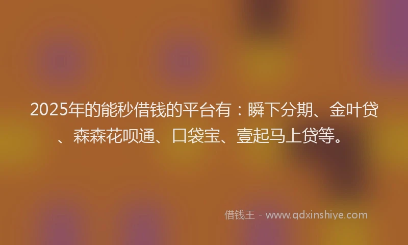 2025年的能秒借钱的平台有：瞬下分期、金叶贷、森森花呗通、口袋宝、壹起马上贷等。