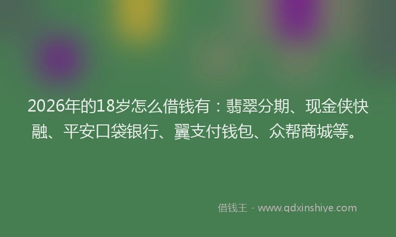 2026年的18岁怎么借钱有:翡翠分期、现金侠快融、平安口袋银行、翼支付钱包、众帮商城等。