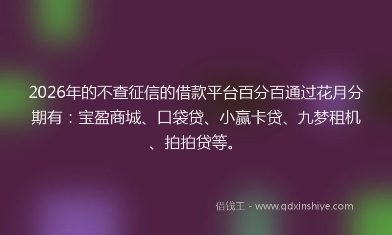 2026年的不查征信的借款平台百分百通过花月分期有：宝盈商城、口袋贷、小赢卡贷、九梦租机、拍拍贷等。