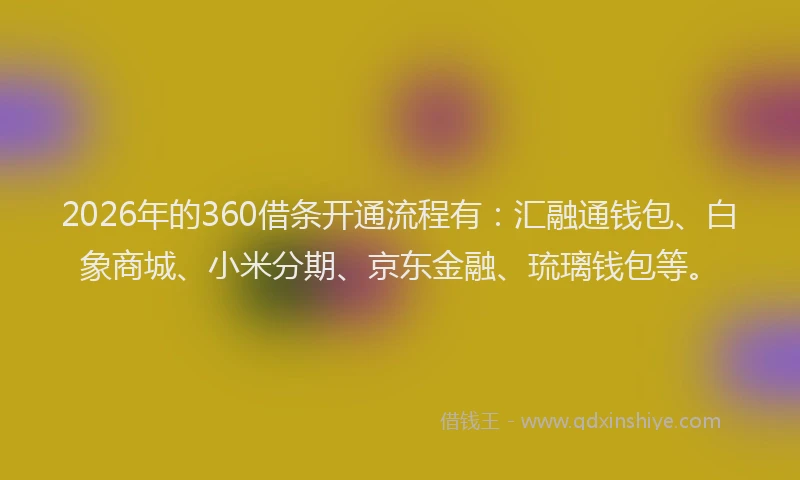 2026年的360借条开通流程有:汇融通钱包、白象商城、小米分期、京东金融、琉璃钱包等。