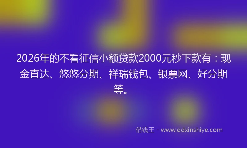 2026年的不看征信小额贷款2000元秒下款有：现金直达、悠悠分期、祥瑞钱包、银票网、好分期等。