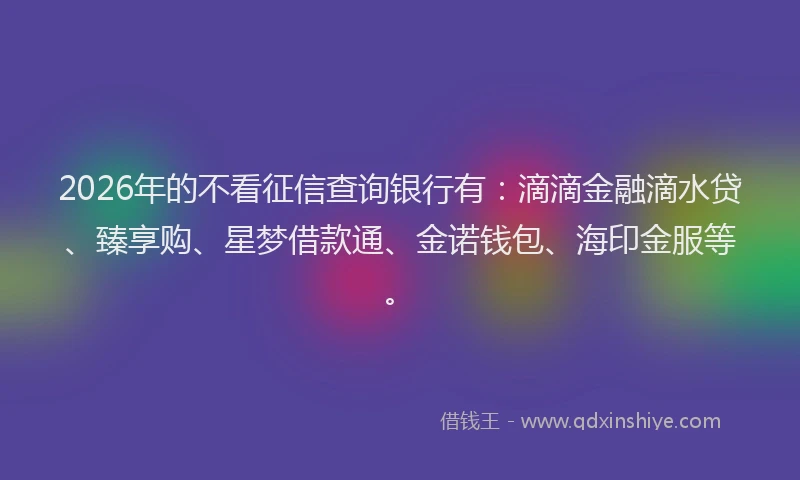 2026年的不看征信查询银行有:滴滴金融滴水贷、臻享购、星梦借款通、金诺钱包、海印金服等。