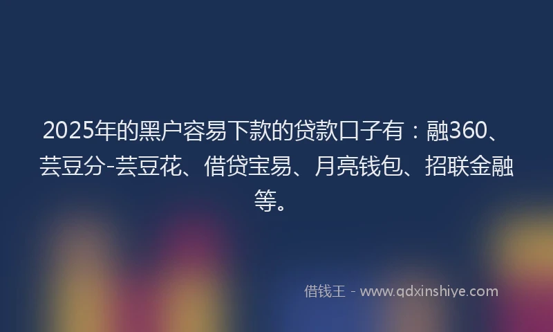 2025年的黑户容易下款的贷款口子有:融360、芸豆分-芸豆花、借贷宝易、月亮钱包、招联金融等。