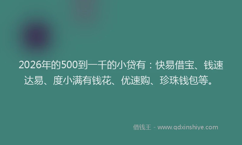 2026年的500到一千的小贷有：快易借宝、钱速达易、度小满有钱花、优速购、珍珠钱包等。