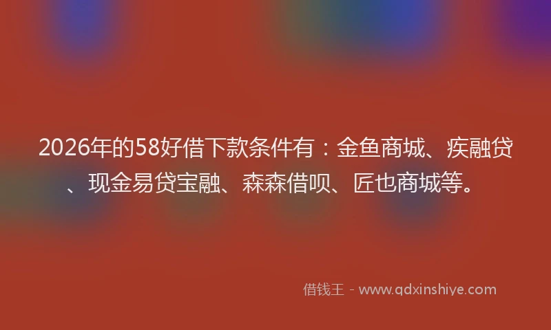 2026年的58好借下款条件有:金鱼商城、疾融贷、现金易贷宝融、森森借呗、匠也商城等。