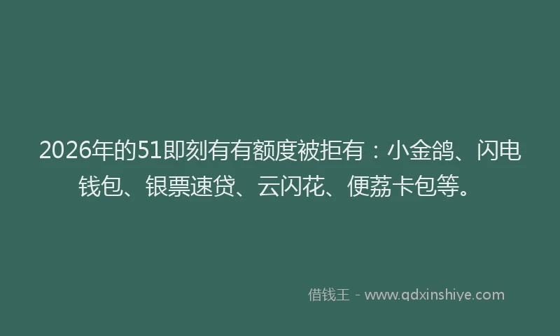 2026年的51即刻有有额度被拒有:小金鸽、闪电钱包、银票速贷、云闪花、便荔卡包等。