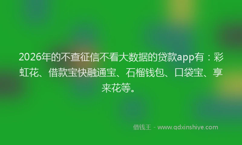 2026年的不查征信不看大数据的贷款app有:彩虹花、借款宝快融通宝、石榴钱包、口袋宝、享来花等。