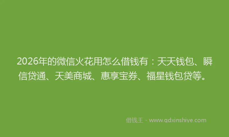 2026年的微信火花用怎么借钱有：天天钱包、瞬信贷通、天美商城、惠享宝券、福星钱包贷等。