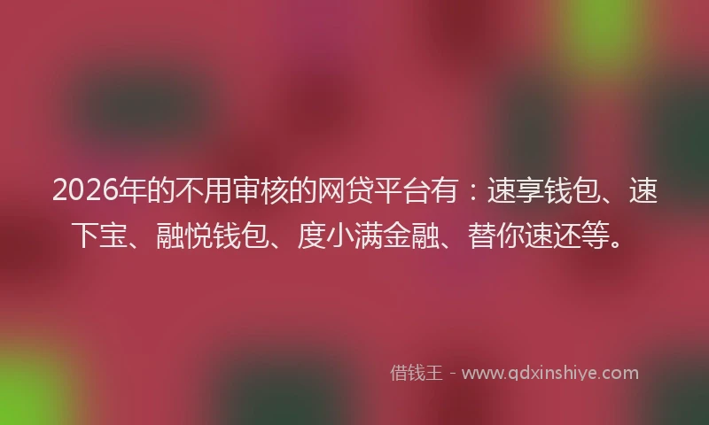 2026年的不用审核的网贷平台有:速享钱包、速下宝、融悦钱包、度小满金融、替你速还等。