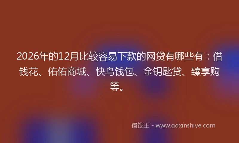 2026年的12月比较容易下款的网贷有哪些有:借钱花、佑佑商城、快鸟钱包、金钥匙贷、臻享购等。