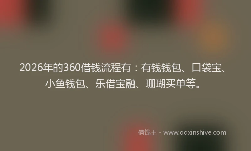2026年的360借钱流程有:有钱钱包、口袋宝、小鱼钱包、乐借宝融、珊瑚买单等。