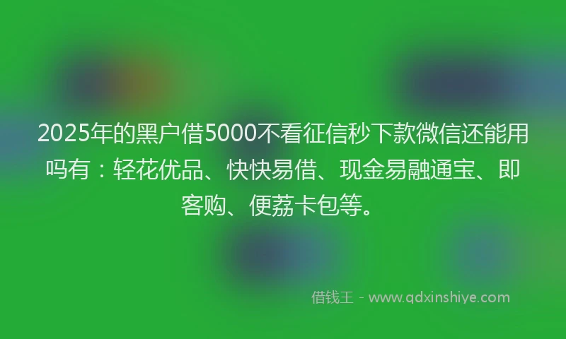 2025年的黑户借5000不看征信秒下款微信还能用吗有：轻花优品、快快易借、现金易融通宝、即客购、便荔卡包等。