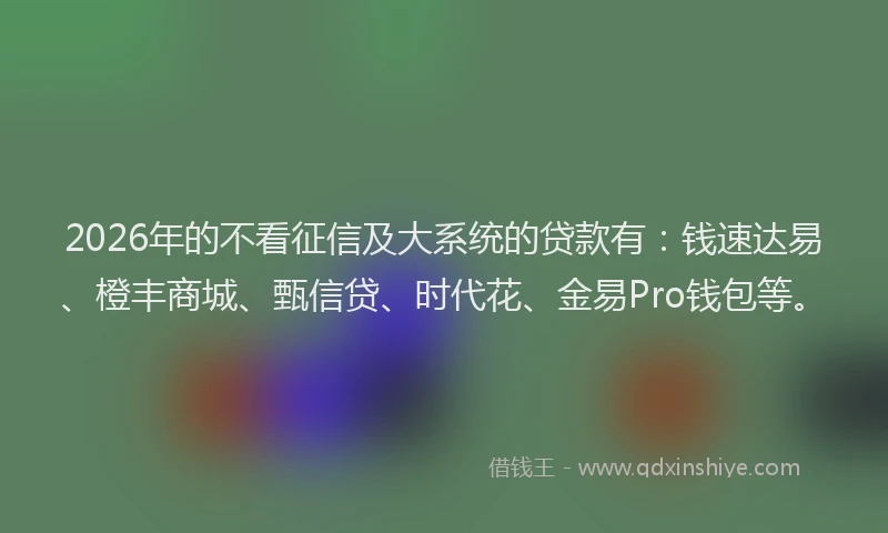 2026年的不看征信及大系统的贷款有：钱速达易、橙丰商城、甄信贷、时代花、金易Pro钱包等。