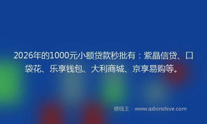 2026年的1000元小额贷款秒批有：紫晶信贷、口袋花、乐享钱包、大利商城、京享易购等。