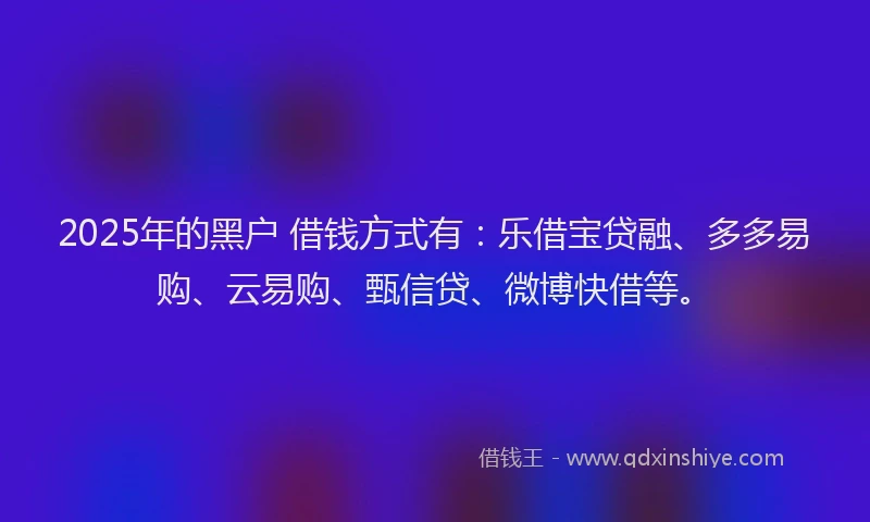2025年的黑户 借钱方式有:乐借宝贷融、多多易购、云易购、甄信贷、微博快借等。