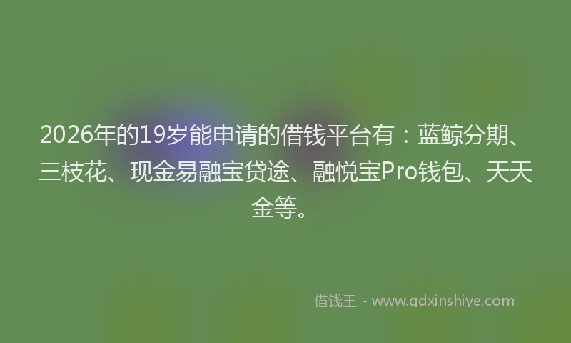 2026年的19岁能申请的借钱平台有：蓝鲸分期、三枝花、现金易融宝贷途、融悦宝Pro钱包、天天金等。