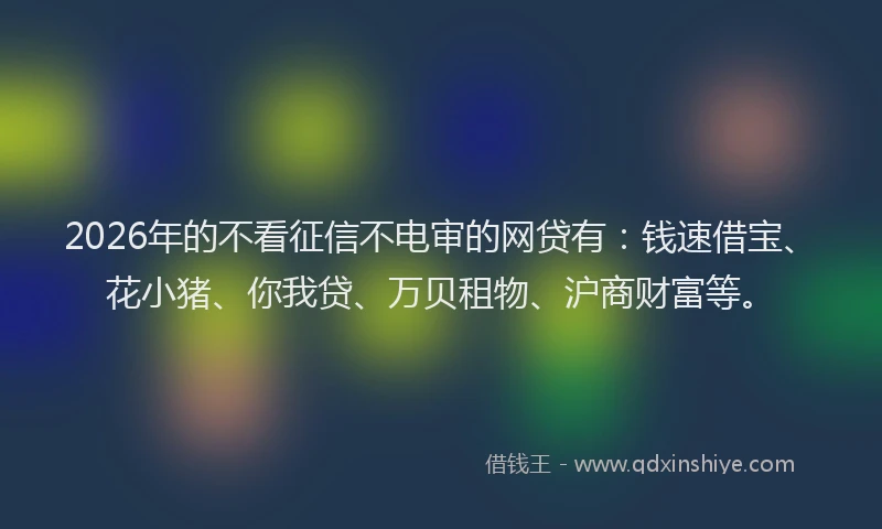 2026年的不看征信不电审的网贷有:钱速借宝、花小猪、你我贷、万贝租物、沪商财富等。