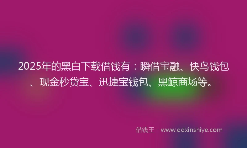 2025年的黑白下载借钱有：瞬借宝融、快鸟钱包、现金秒贷宝、迅捷宝钱包、黑鲸商场等。