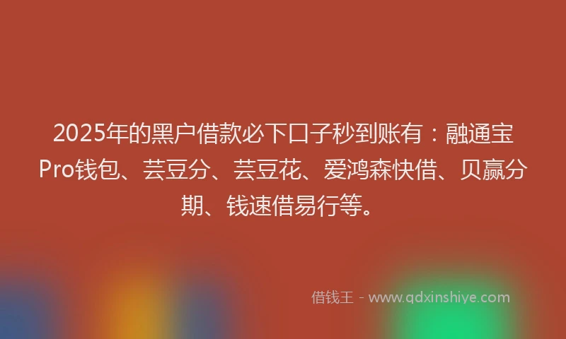 2025年的黑户借款必下口子秒到账有：融通宝Pro钱包、芸豆分、芸豆花、爱鸿森快借、贝赢分期、钱速借易行等。