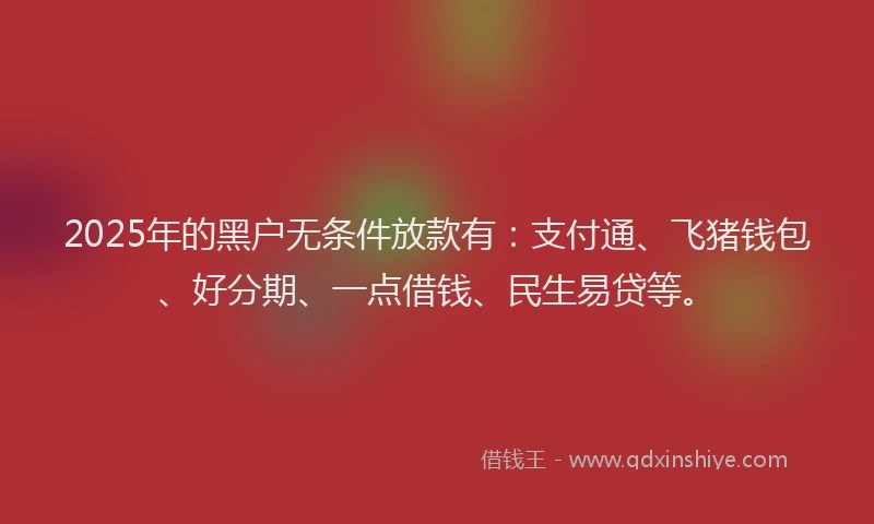 2025年的黑户无条件放款有：支付通、飞猪钱包、好分期、一点借钱、民生易贷等。