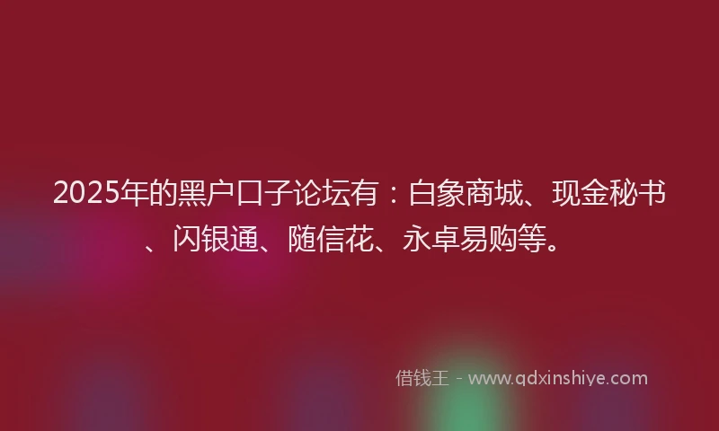2025年的黑户口子论坛有:白象商城、现金秘书、闪银通、随信花、永卓易购等。