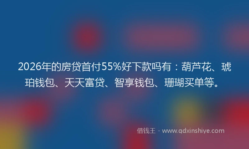 2026年的房贷首付55%好下款吗有:葫芦花、琥珀钱包、天天富贷、智享钱包、珊瑚买单等。