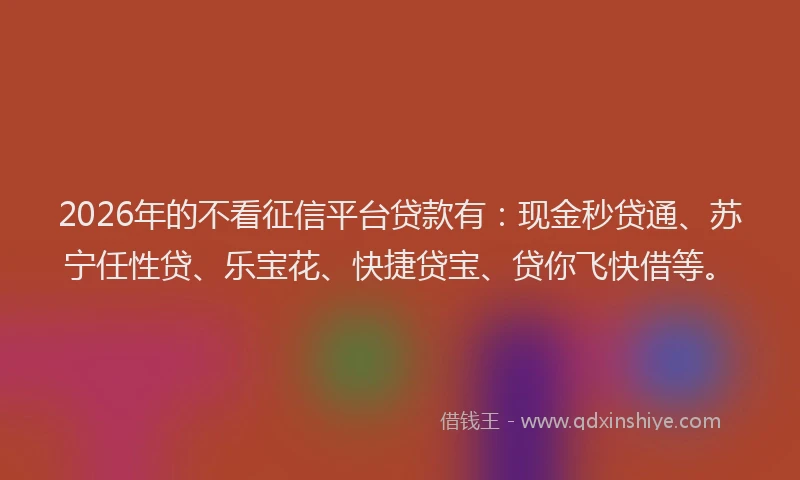 2026年的不看征信平台贷款有：现金秒贷通、苏宁任性贷、乐宝花、快捷贷宝、贷你飞快借等。