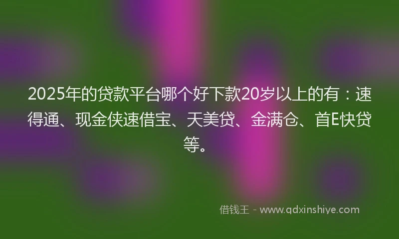 2025年的贷款平台哪个好下款20岁以上的有：速得通、现金侠速借宝、天美贷、金满仓、首E快贷等。