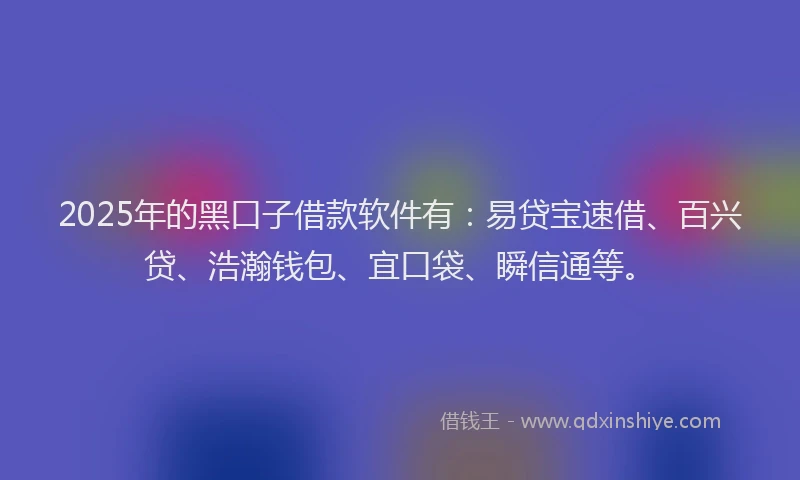 2025年的黑口子借款软件有:易贷宝速借、百兴贷、浩瀚钱包、宜口袋、瞬信通等。
