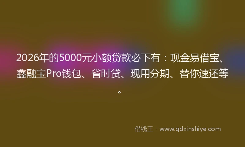 2026年的5000元小额贷款必下有：现金易借宝、鑫融宝Pro钱包、省时贷、现用分期、替你速还等。
