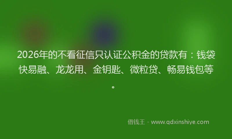 2026年的不看征信只认证公积金的贷款有：钱袋快易融、龙龙用、金钥匙、微粒贷、畅易钱包等。