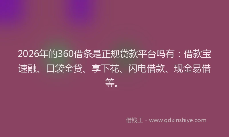 2026年的360借条是正规贷款平台吗有：借款宝速融、口袋金贷、享下花、闪电借款、现金易借等。