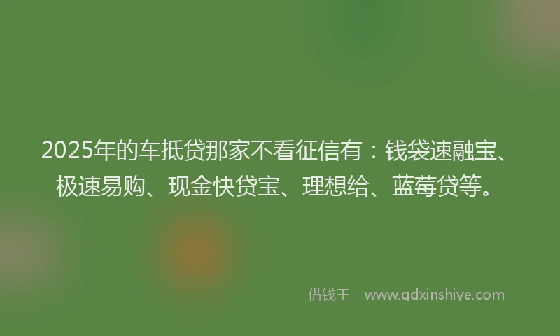 2025年的车抵贷那家不看征信有：钱袋速融宝、极速易购、现金快贷宝、理想给、蓝莓贷等。
