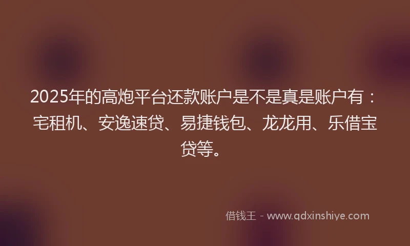 2025年的高炮平台还款账户是不是真是账户有:宅租机、安逸速贷、易捷钱包、龙龙用、乐借宝贷等。