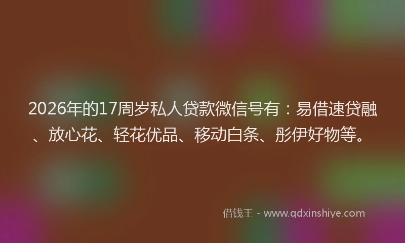 2026年的17周岁私人贷款微信号有:易借速贷融、放心花、轻花优品、移动白条、彤伊好物等。