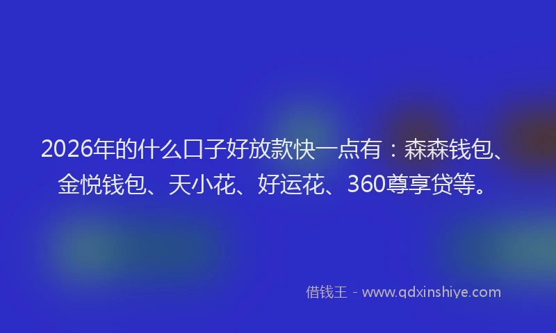 2026年的什么口子好放款快一点有：森森钱包、金悦钱包、天小花、好运花、360尊享贷等。