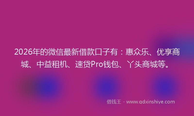 2026年的微信最新借款口子有：惠众乐、优享商城、中益租机、速贷Pro钱包、丫头商城等。