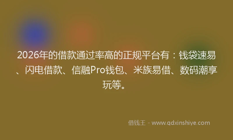 2026年的借款通过率高的正规平台有：钱袋速易、闪电借款、信融Pro钱包、米族易借、数码潮享玩等。