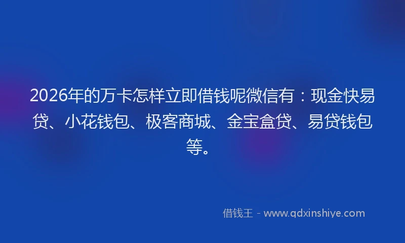 2026年的万卡怎样立即借钱呢微信有:现金快易贷、小花钱包、极客商城、金宝盒贷、易贷钱包等。