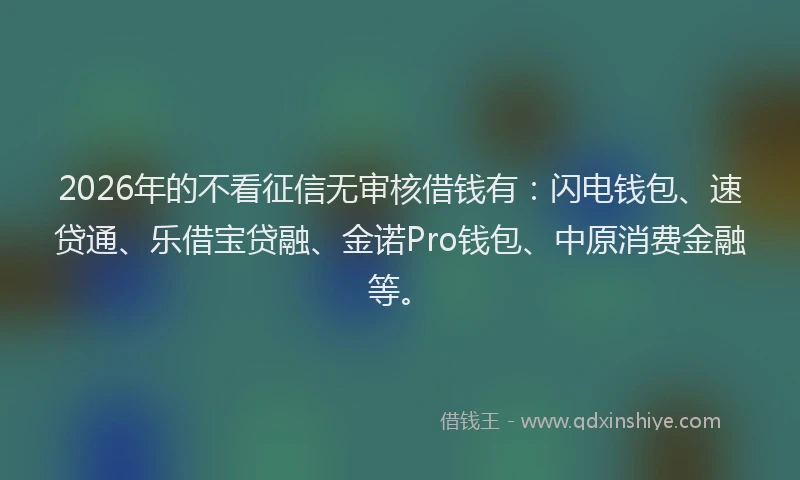 2026年的不看征信无审核借钱有:闪电钱包、速贷通、乐借宝贷融、金诺Pro钱包、中原消费金融等。