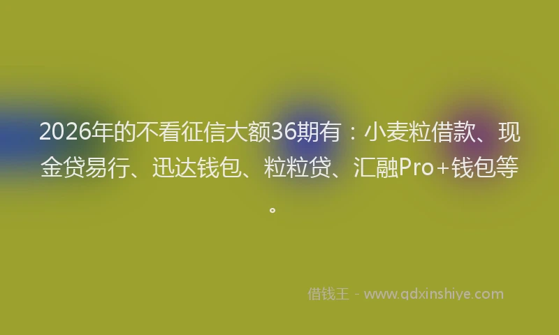 2026年的不看征信大额36期有：小麦粒借款、现金贷易行、迅达钱包、粒粒贷、汇融Pro+钱包等。