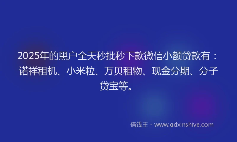 2025年的黑户全天秒批秒下款微信小额贷款有:诺祥租机、小米粒、万贝租物、现金分期、分子贷宝等。