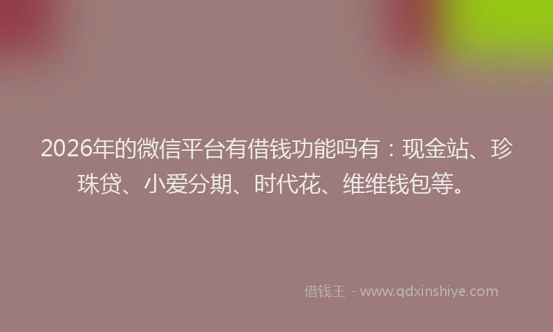 2026年的微信平台有借钱功能吗有：现金站、珍珠贷、小爱分期、时代花、维维钱包等。